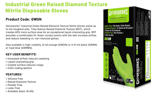 Industrial Green Nitrile Glove Disposable - Diamond Texture