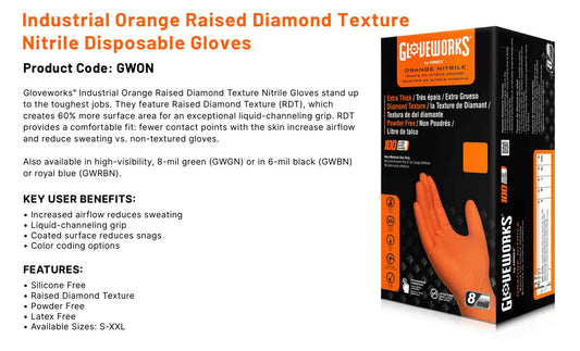 Industrial Orange Nitrile Glove Disposable - Diamond Texture