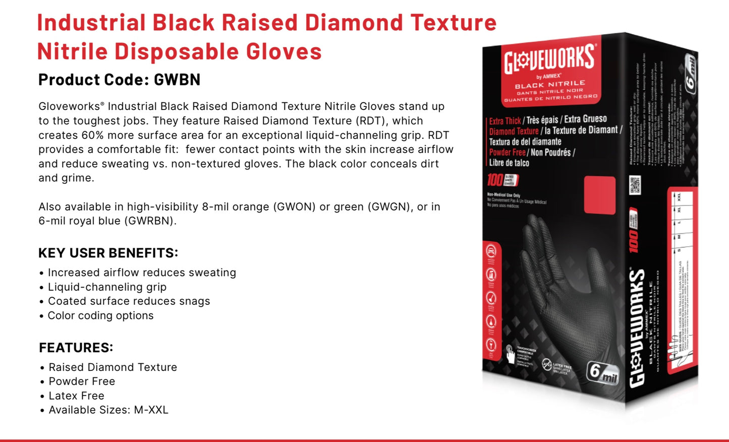 Industrial Black Disposable Nitrile Glove - Diamond Texture